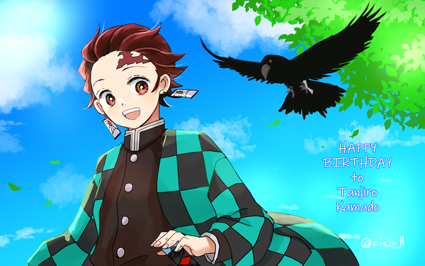 Anime picture 4000x2500 with kimetsu no yaiba ufotable kamado tanjirou hirochihiro single highres short hair open mouth red eyes signed absurdres sky cloud (clouds) upper body outdoors red hair traditional clothes :d japanese clothes character names