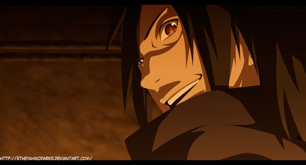 Anime picture 1600x864 with naruto studio pierrot naruto (series) uchiha madara iitheyahikodarkii single long hair open mouth black hair smile red eyes wide image looking back coloring letterboxed close-up face sharingan boy