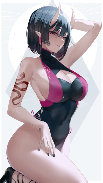 Anime-Bild 900x1598 mit original oni noodle single tall image looking at viewer fringe short hair breasts light erotic black hair simple background hair between eyes large breasts standing white background payot cleavage nail polish traditional clothes parted lips