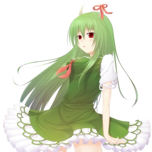 Anime picture 1600x1600 with touhou kamishirasawa keine ex-keine husky (artist) single long hair simple background red eyes white background horn (horns) green hair girl dress