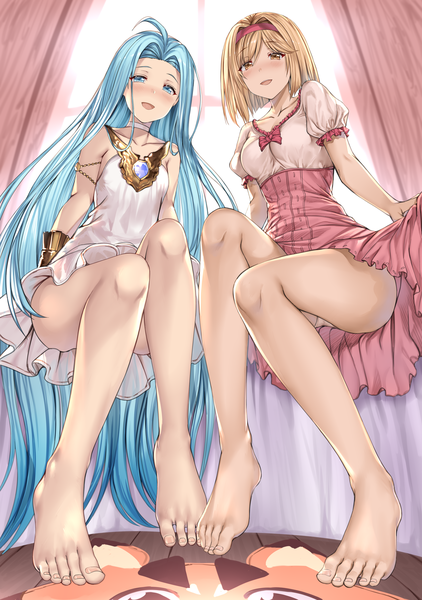 Anime picture 2550x3624 with granblue fantasy gita (granblue fantasy) lyria (granblue fantasy) vee (granblue fantasy) arudehido tall image looking at viewer blush fringe highres short hair breasts open mouth blue eyes light erotic blonde hair smile hair between eyes sitting multiple girls