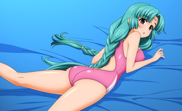 Anime picture 2303x1409 with lost universe canal volphied wave ride single blush highres open mouth light erotic wide image purple eyes braid (braids) very long hair looking back aqua hair girl swimsuit