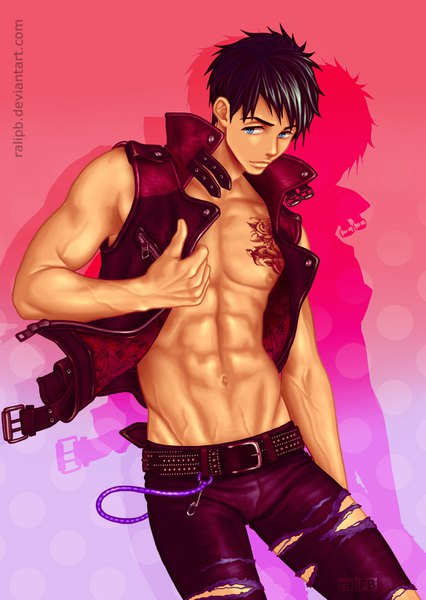 Anime picture 1024x1441 with free! kyoto animation yamazaki sosuke ralipb single tall image short hair blue eyes light erotic black hair open jacket shadow tattoo leaning leaning forward sleeveless gradient background torn clothes groin muscle