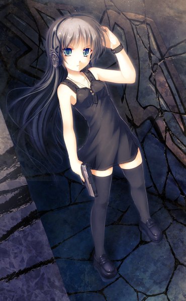 Anime picture 741x1200 with original aruciii single long hair tall image looking at viewer blue eyes grey hair girl thighhighs dress weapon black thighhighs headphones gun sundress pistol