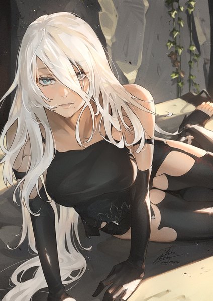Anime picture 1061x1500 with nier nier:automata yorha type a no. 2 fadingz single long hair tall image looking at viewer blush fringe breasts blue eyes light erotic hair between eyes large breasts sitting bare shoulders signed silver hair outdoors