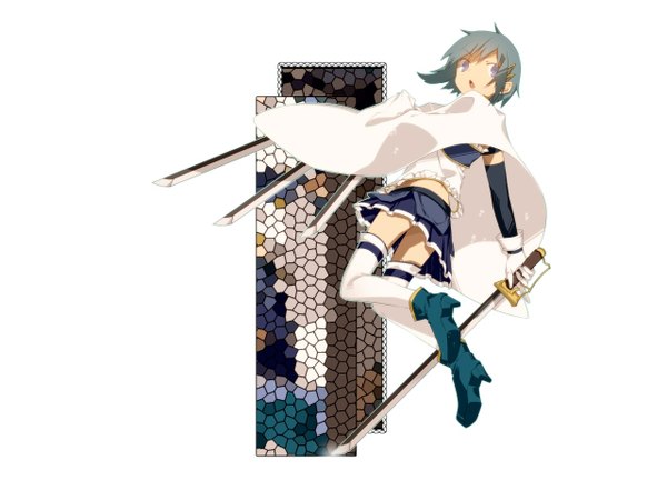 Anime picture 1280x960 with mahou shoujo madoka magica shaft (studio) miki sayaka single short hair blue eyes simple background white background blue hair girl thighhighs gloves weapon sword cloak