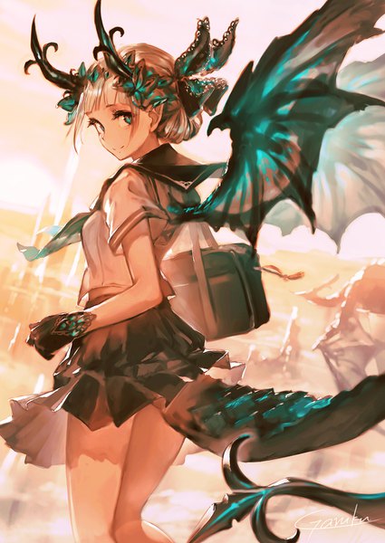 Anime picture 970x1370 with original garuku single tall image looking at viewer fringe short hair blonde hair signed payot tail blunt bangs pleated skirt looking back horn (horns) aqua eyes pointy ears flying fantasy dragon girl