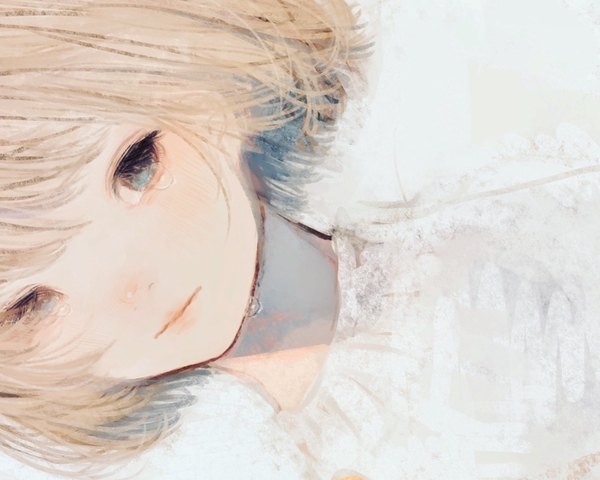 Anime picture 1321x1057 with original orie h single looking at viewer blush fringe short hair blue eyes simple background blonde hair hair over one eye tears portrait close-up blue background face sad bob cut girl