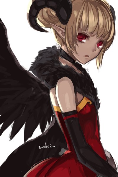 Anime picture 1511x2267 with dungeon and fighter swd3e2 single tall image short hair simple background blonde hair red eyes white background signed horn (horns) pointy ears turning head black wings girl gloves wings choker elbow gloves