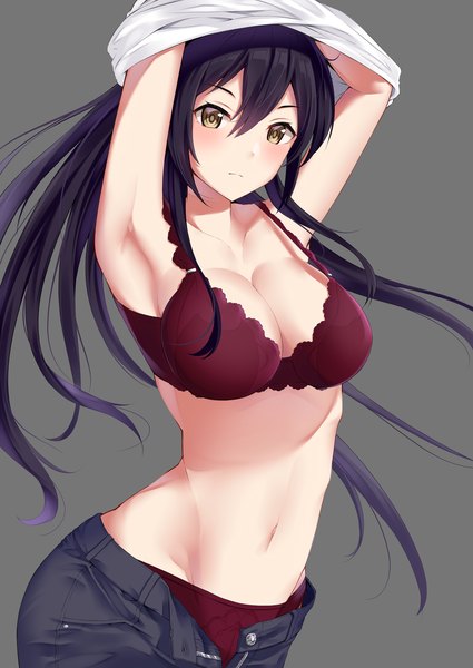 Anime picture 2507x3541 with idolmaster idolmaster shiny colors shirase sakuya yigra don single long hair tall image looking at viewer blush fringe highres breasts light erotic black hair simple background hair between eyes large breasts standing yellow eyes payot