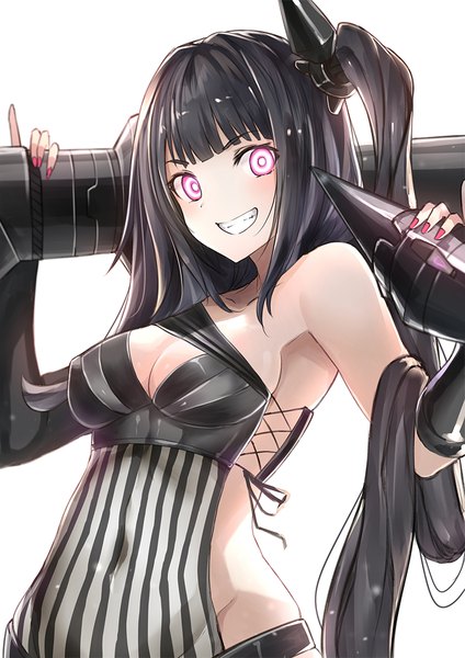 Anime picture 800x1131 with girls frontline architect (girls frontline) luse maonang single long hair tall image looking at viewer fringe breasts open mouth light erotic black hair simple background smile white background bare shoulders holding blunt bangs nail polish pink eyes