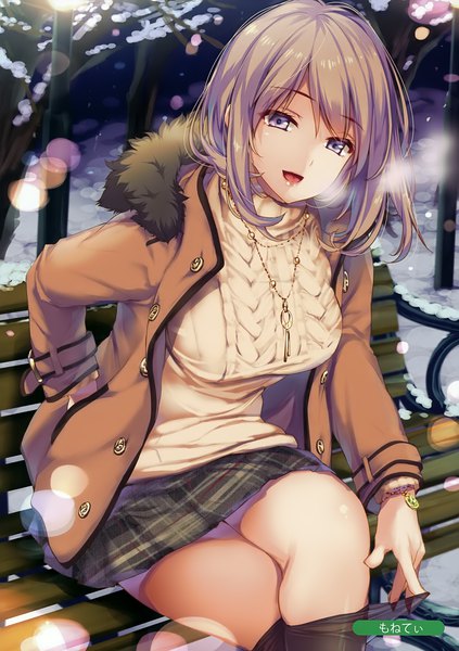 Anime picture 2470x3500 with original melonbooks moneti (daifuku) single tall image looking at viewer fringe highres short hair open mouth hair between eyes brown hair sitting purple eyes signed outdoors :d scan open clothes fur trim