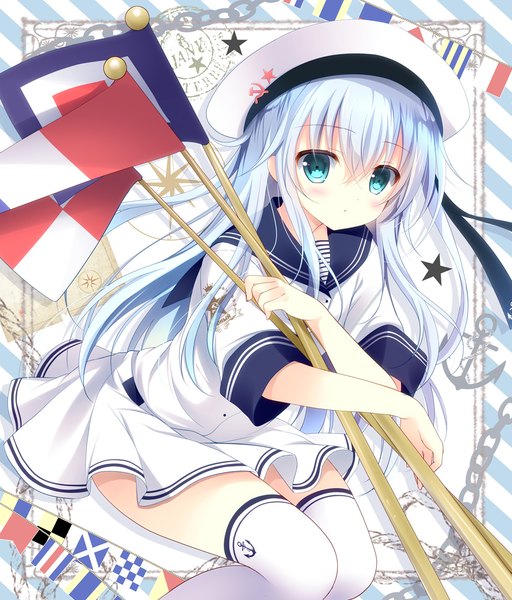 Anime-Bild 1000x1172 mit kantai collection hibiki destroyer verniy destroyer shirogane hina single long hair tall image looking at viewer blush blue eyes blue hair girl thighhighs hat white thighhighs flag anchor symbol sailor dress sailor hat