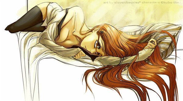 Anime picture 1200x662 with bleach studio pierrot inoue orihime single breasts light erotic wide image lying very long hair orange hair open clothes orange eyes open shirt girl thighhighs black thighhighs