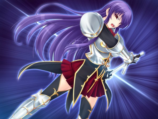 Anime picture 1680x1260 with fukushuu saimin mireiyu buryune long hair open mouth red eyes game cg purple hair girl sword