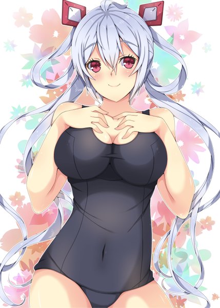 Anime picture 1100x1539 with phantasy star phantasy star online 2 sega matoi (pso2) milkpanda single long hair tall image looking at viewer blush light erotic smile red eyes silver hair floral background girl hair ornament swimsuit one-piece swimsuit school swimsuit