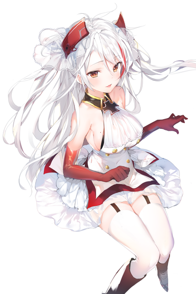 イラスト 3245x4871 と アズールレーン プリンツ・オイゲン(アズールレーン) うみぼうず ソロ 長髪 長身像 カメラ目線 赤面 前髪 highres おっぱい 開いた口 light erotic simple background 笑顔 hair between eyes 白背景 座る 肩出し 茶目