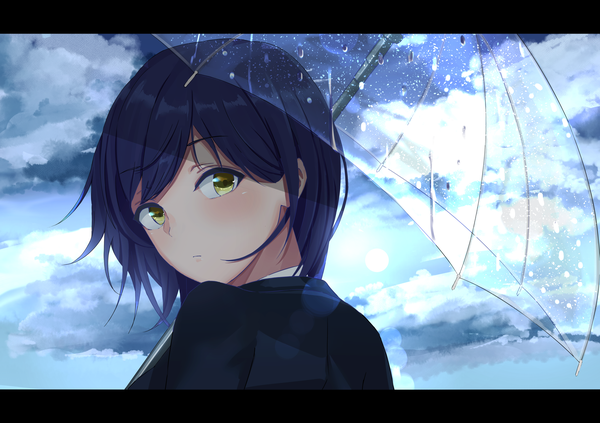 Anime picture 3541x2502 with virtual youtuber nijisanji shizuka rin dodon gadon single looking at viewer blush fringe highres short hair yellow eyes blue hair absurdres sky cloud (clouds) upper body looking back letterboxed transparent umbrella girl