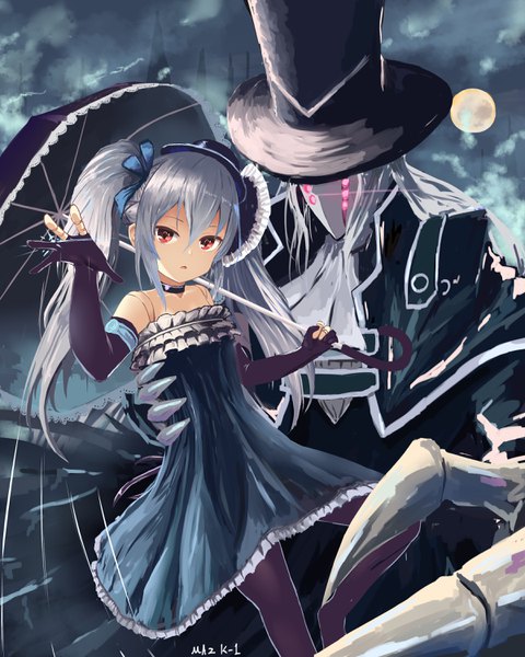 Anime picture 2400x3000 with granblue fantasy orchis matsukiichi single long hair tall image looking at viewer fringe highres open mouth hair between eyes red eyes standing twintails holding payot silver hair cloud (clouds) bent knee (knees) outdoors