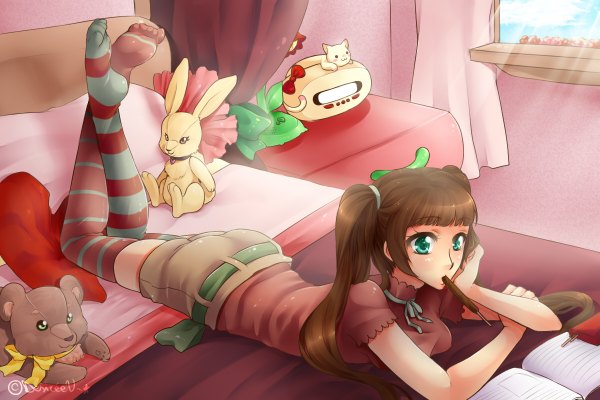 Anime picture 1200x800 with original denise (artist) single long hair brown hair twintails green eyes lying sunlight girl thighhighs shorts sweets bed toy stuffed animal striped thighhighs pocky