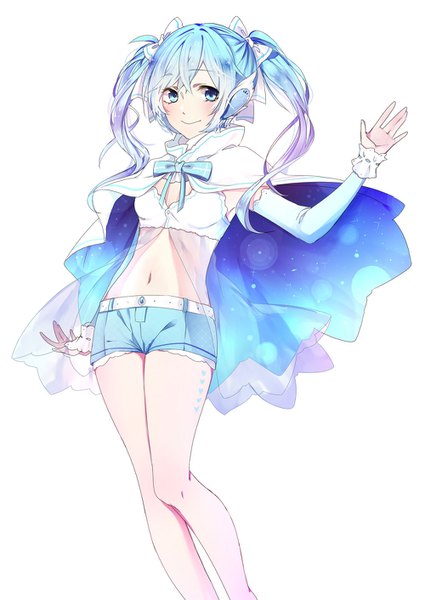 Anime picture 1000x1412 with vocaloid hatsune miku na yeon single long hair tall image looking at viewer blush fringe blue eyes simple background smile standing white background twintails blue hair bent knee (knees) bare legs bare belly gradient hair