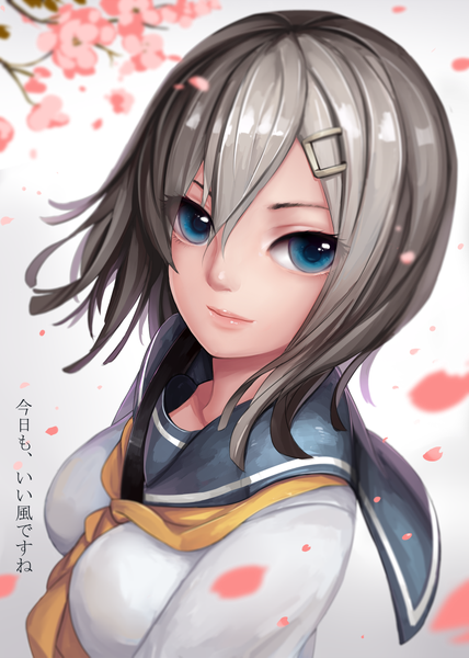 Anime picture 750x1050 with kantai collection hamakaze destroyer sekigan single tall image looking at viewer short hair blue eyes grey hair cherry blossoms girl plant (plants) petals tree (trees) sailor suit