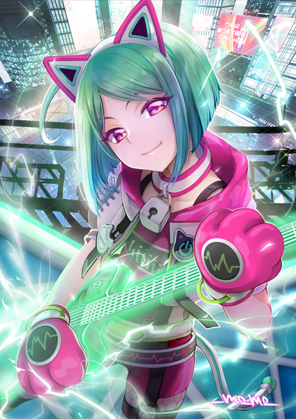 Anime picture 719x1017 with kiratto pri chan pretty (series) midorikawa sara momocovr single tall image looking at viewer short hair purple eyes signed animal ears head tilt green hair from above light smile sparkle fake animal ears electricity girl gloves