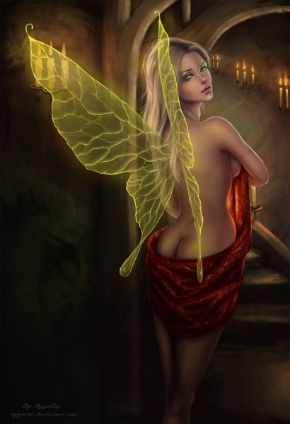 Anime picture 1315x1920 with original ayyasap single long hair tall image light erotic green eyes ass looking back lips grey hair realistic lipstick insect wings butterfly wings girl wings stairs candle (candles)