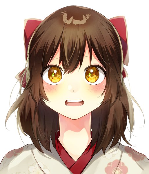Anime picture 1200x1400 with meiji tokyo renka ayazuki mei kaname monika single tall image looking at viewer blush fringe short hair open mouth simple background hair between eyes brown hair white background yellow eyes traditional clothes japanese clothes portrait girl bow