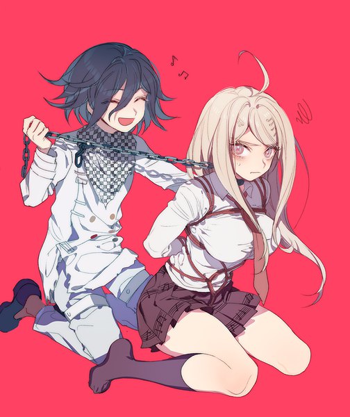 Anime picture 888x1056 with dangan ronpa new danganronpa v3 ouma kokichi akamatsu kaede zuizi long hair tall image fringe short hair breasts open mouth light erotic black hair simple background blonde hair hair between eyes large breasts sitting full body ahoge