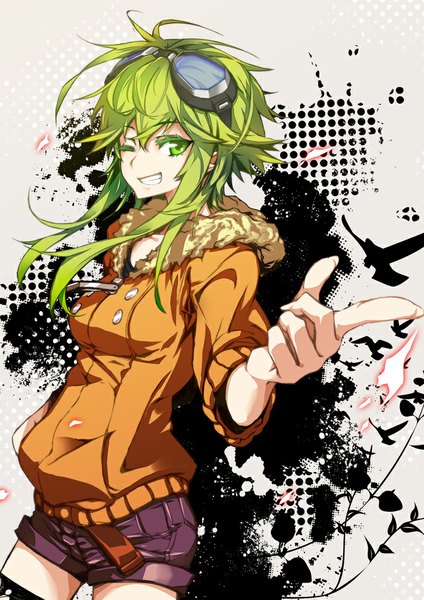 Anime picture 707x1000 with vocaloid life reset button (vocaloid) gumi hong (white spider) single tall image short hair smile green eyes one eye closed green hair wink hand in pocket girl jacket shorts goggles