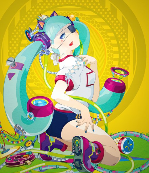 Anime picture 1000x1157 with hiroyuki takahashi single long hair tall image open mouth blue eyes light erotic twintails animal ears nail polish looking back hair flower cat ears aqua hair teeth fang (fangs) soles squat lacing face paint