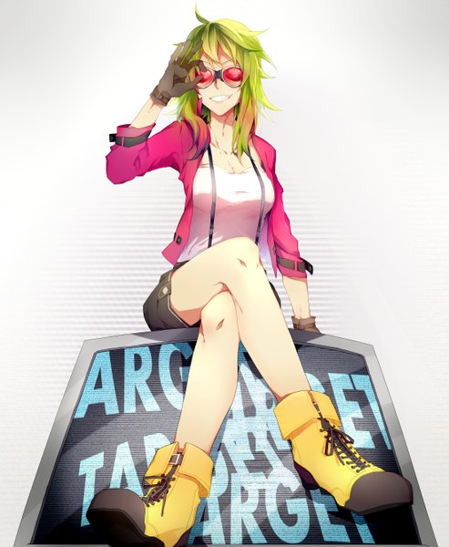 Anime picture 2200x2680 with vocaloid gumi hizu (pixiv) single tall image looking at viewer highres short hair smile sitting green hair open clothes open jacket teeth grin crossed legs girl gloves glasses shoes