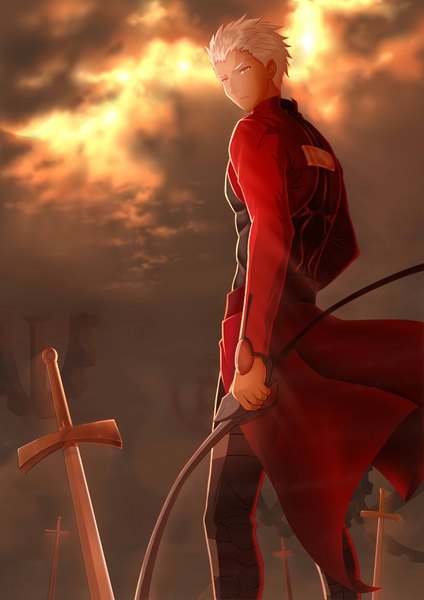 Anime-Bild 2479x3507 mit fate (series) fate/stay night archer (fate) momo xiansen single tall image highres short hair standing holding cloud (clouds) white hair looking back orange eyes back dark skin looking down shaded face boy weapon