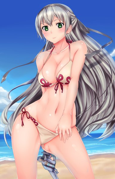 Anime picture 1280x1995 with eiyuu densetsu elie macdowell pitui1996 (krmn-chan) single long hair tall image looking at viewer blush breasts light erotic bare shoulders green eyes sky cloud (clouds) grey hair bare legs bare belly beach girl ribbon (ribbons)