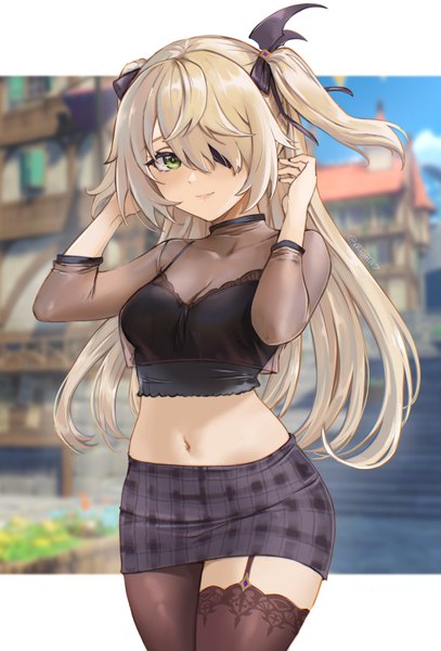 Anime picture 1302x1919 with genshin impact fischl (genshin impact) atiarta7 single long hair tall image looking at viewer fringe blonde hair standing green eyes signed outdoors blurry arms up midriff two side up depth of field alternate costume twitter username