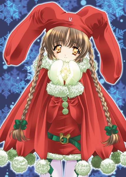 Anime picture 2150x3024 with carnelian single long hair tall image looking at viewer highres brown hair yellow eyes braid (braids) light smile fur trim twin braids girl bow hair bow belt fur snowflake (snowflakes) santa claus costume pom pom (clothes)