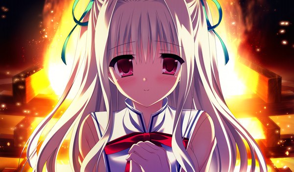 Anime picture 1024x600 with da capo iii yoshino charles tanihara natsuki single long hair looking at viewer blush wide image game cg white hair pink eyes girl uniform ribbon (ribbons) hair ribbon school uniform fire