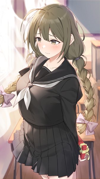 Anime picture 730x1300 with original hayashi kewi single long hair tall image blush fringe breasts hair between eyes large breasts standing holding green eyes payot looking away ahoge indoors braid (braids) pleated skirt blurry