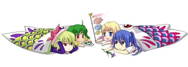 Anime picture 1400x500 with macross macross frontier sheryl nome ranka lee saotome alto brera sterne long hair short hair blue eyes blonde hair simple background red eyes wide image white background multiple girls brown eyes blue hair ponytail lying green hair