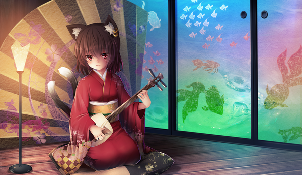 Anime picture 1429x827 with touhou chen kakigouri single looking at viewer short hair black hair red eyes wide image animal ears tail traditional clothes japanese clothes animal tail cat ears cat girl cat tail multiple tails girl kimono