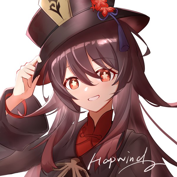 Anime picture 2500x2500 with genshin impact hu tao (genshin impact) hapwind single long hair fringe highres simple background smile hair between eyes red eyes brown hair white background signed looking away upper body grin symbol-shaped pupils adjusting hat girl