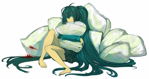 Anime picture 1400x749 with vocaloid kusari no shoujo (vocaloid) hatsune miku ukai saki single fringe simple background hair between eyes wide image white background twintails looking away ahoge very long hair barefoot aqua eyes green hair hug girl pillow