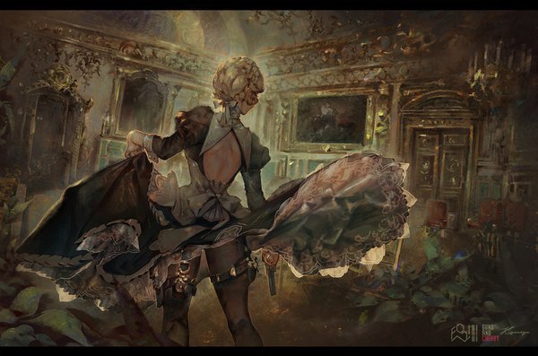 Anime picture 1600x1060 with original fori single short hair blonde hair standing holding signed indoors braid (braids) from behind puffy sleeves bare back dress lift girl dress ribbon (ribbons) weapon hair ribbon pantyhose