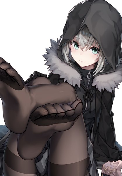 Anime picture 1045x1500 with fate (series) fate/grand order lord el-melloi ii case files gray (fate) add (lord el-melloi ii) katoroku single tall image looking at viewer blush fringe short hair breasts light erotic simple background hair between eyes standing white background sitting green eyes