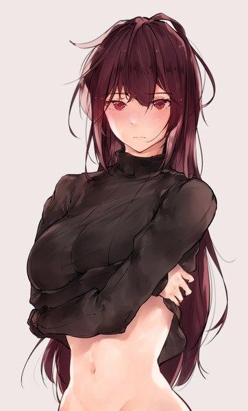 Anime picture 814x1349 with fate (series) fate/grand order scathach (fate) (all) scathach (fate) hplay (kyoshinou) single long hair tall image looking at viewer blush fringe breasts light erotic simple background hair between eyes red eyes large breasts payot purple hair upper body