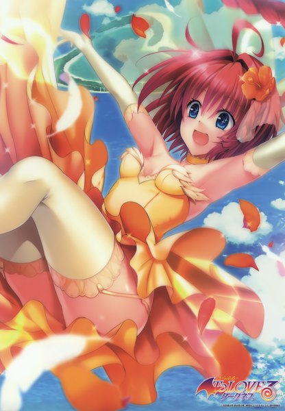 Anime picture 2747x3960 with toloveru toloveru darkness xebec kurosaki mea yabuki kentarou single tall image blush fringe highres short hair breasts open mouth blue eyes light erotic hair between eyes sky cloud (clouds) ahoge red hair