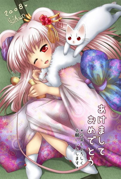 Anime picture 700x1036 with original miyano ururu single long hair tall image looking at viewer blush fringe open mouth red eyes holding signed pink hair full body bent knee (knees) lying traditional clothes japanese clothes one eye closed hair flower