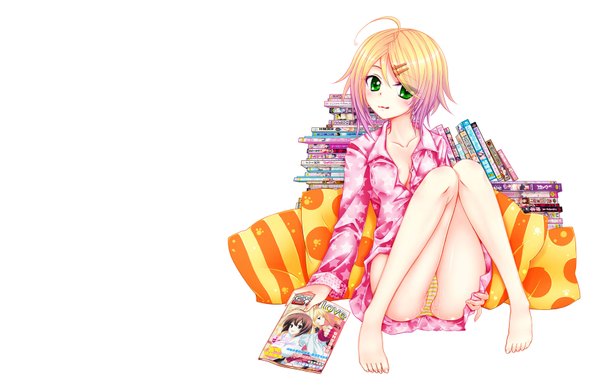 Anime picture 1753x1134 with original wait (artist) highres short hair light erotic simple background blonde hair white background green eyes barefoot girl hair ornament underwear panties bobby pin pajamas manga (object)