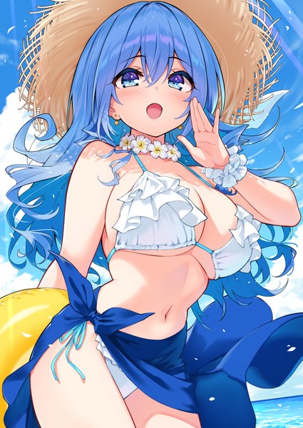 Anime picture 1000x1412 with cu-no kohitsuji ai hisenkaede single long hair tall image looking at viewer blush fringe breasts open mouth blue eyes light erotic smile hair between eyes large breasts standing blue hair sky cloud (clouds)